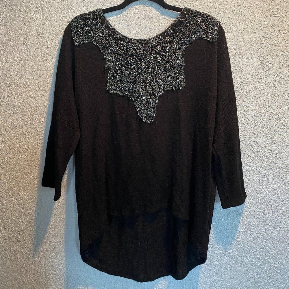 Studio Y Women's XL Black Sparkle Long Sleeve Tie Top